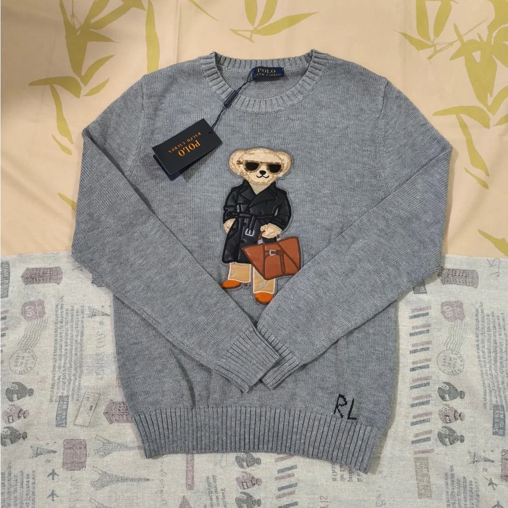 Polo by Ralph Lauren Light Grey Bear Patch Crewneck Sweater